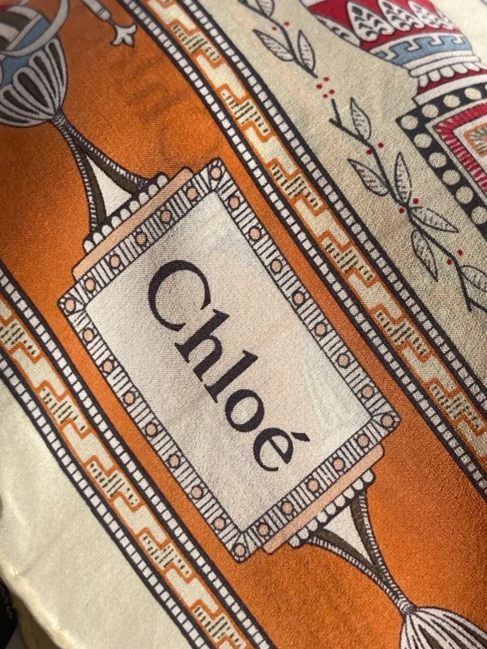 Vintage Chloé Silk Square Scarf Orange Beige Red Floral Leaf Print France Luxe